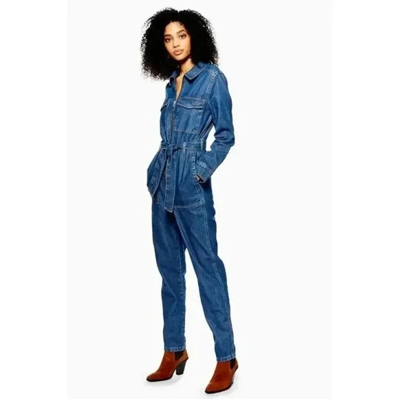 Topshop Zip-Up Belted Utility Denim Boiler Suit Blue Size 8 - Picture 2 of 13